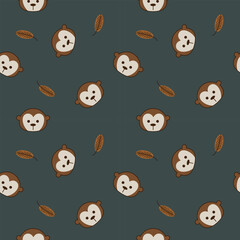 Fototapeta premium Face monkey cartoon so cute. On leaf background. Pattern seamless vector illustration. 