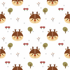 Face deer cartoon so cute. On tree flower white background. Pattern seamless vector illustration. 