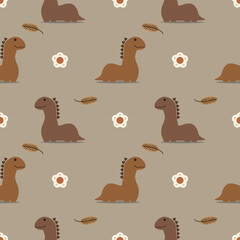 Brown dinosaur cartoon so cute. On leaf flower brown background. Pattern seamless vector illustration. 