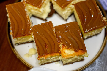 Cheesecake plate with caramel topping on top. The cheesecake are cut into squares and arranged on a white plate