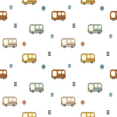 Bus colorful cartoon so cute. On tree house zebra crossing white background. Pattern seamless vector illustration. 
