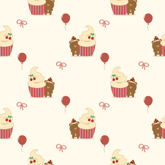 Bear and cupcake cartoon so cute. On knot balloon background. Pattern seamless vector illustration. 
