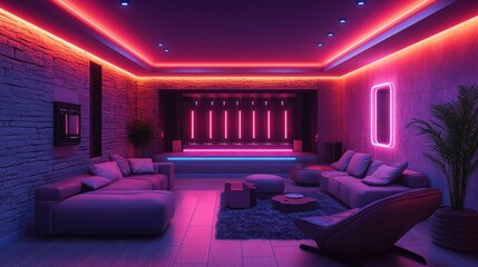 Neon-lit home theater, plush seating, vibrant ambiance.