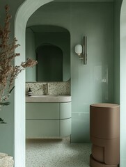 Modern sage green bathroom with curved vanity and archway