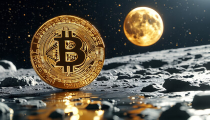 gold bitcoin floating in space, moon, all time high bitcoin price, crypto currency to the moon, digital gold, futuristic cash, crypto investment