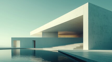 Fototapeta premium Modern architectural structure with serene water feature.