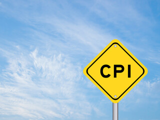 Yellow transportation sign with word CPI (abbreviation of Consumer Price Index) on blue color sky background