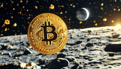 gold bitcoin floating in space, moon, all time high bitcoin price, crypto currency to the moon, digital gold, futuristic cash, crypto investment