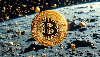 gold bitcoin floating in space, moon, all time high bitcoin price, crypto currency to the moon, digital gold, futuristic cash, crypto investment