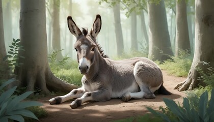 Serene Donkey Resting on a Forest Path Amidst Tranquil Woodland Scenery