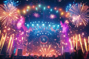 Vibrant Fireworks Display Over Concert Stage at Night
