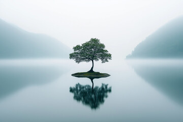 Einsamer Baum spiegelt sich in ruhigem Wasser unter nebligem Himmel

