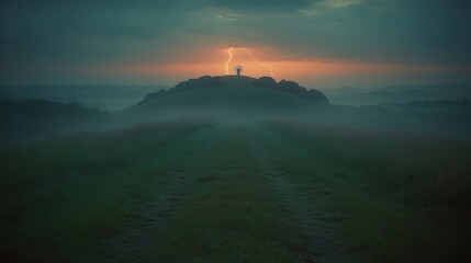 Fototapeta premium Misty field path leading to hilltop with lightning strike at sunrise.