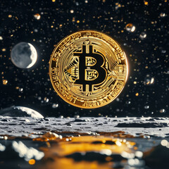 gold bitcoin floating in space, moon, all time high bitcoin price, crypto currency to the moon, digital gold, futuristic cash, crypto investment