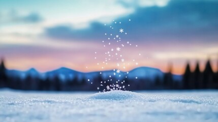 falling snowflakes captured in motion, sparkling as they descend onto a snowy field under a serene twilight sky