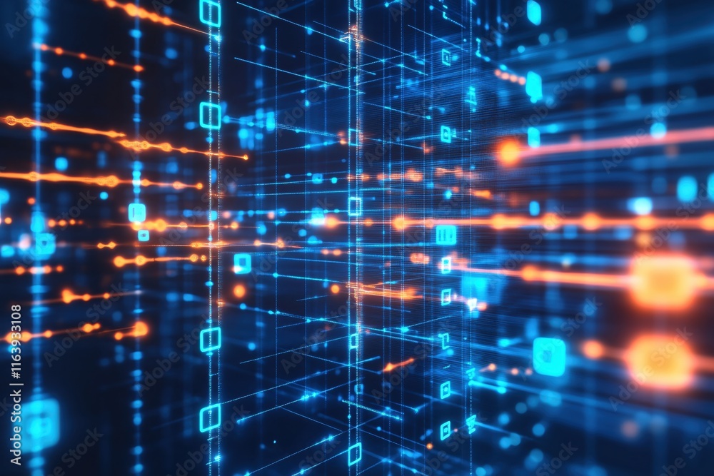 Poster abstract digital data visualization with bright lines and patterns in dark background