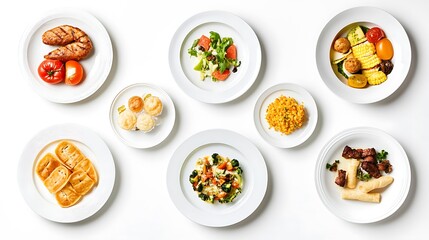 Assorted healthy meal options on white plates.