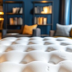 Fototapeta premium Plush white mattress closeup cozy bedroom interior photography