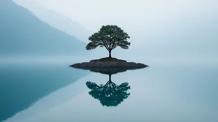 Fotobehang Huisarts Einsamer Baum auf einer kleinen Insel im ruhigen, spiegelnden Wasser    © Cedric