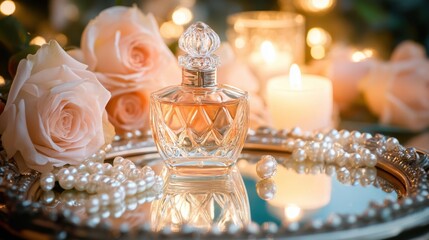 A stylish arrangement featuring a perfume bottle, roses, pearls, and a lit candle.