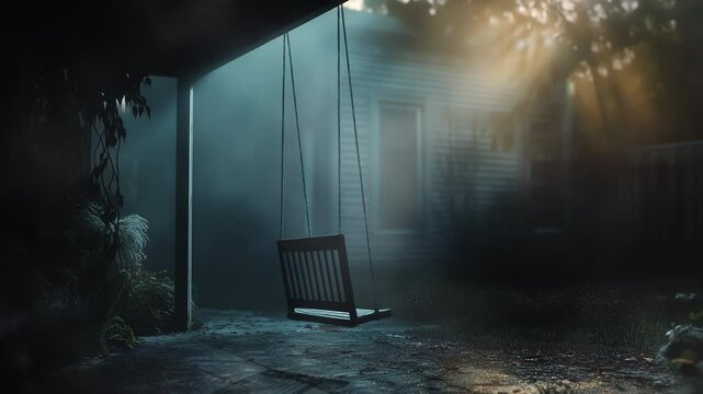 Misty evening near an empty swing in a backyard illuminated by soft sunlight