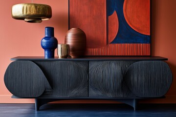 Modern interior with sleek furniture and artistic decor in warm tones.