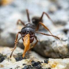 Macro shot of an ant carrying a leaf on a rocky surface.