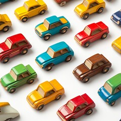 A colorful assortment of wooden cars with glossy finishes, scattered across a bright white background