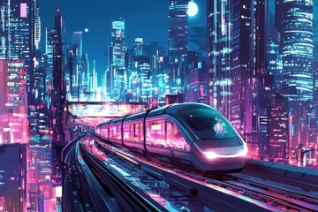 Fototapeta premium Futuristic Train Speeding Through Neon Cityscape at Night