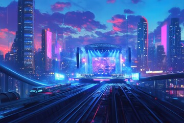 Fototapeta premium Futuristic Cityscape Concert Stage Train View