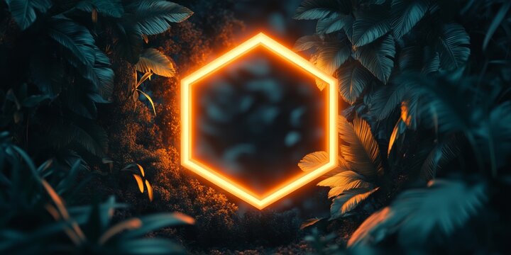 Illuminated hexagon frame amid lush green foliage