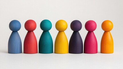 Colorful Wooden Figurines in a Row on a Neutral Background for Creative Projects