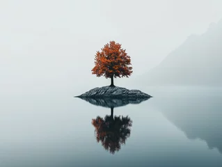 Foto auf Acrylglas Artz Einsamer Baum auf einer kleinen Insel im ruhigen, spiegelnden Wasser    © Cedric