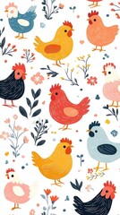 Three colorful chickens celebrating easter with floral decorations