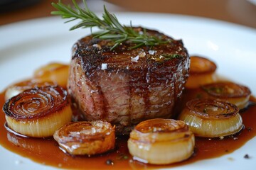 Fototapeta premium Delicious grilled beef steak with roasted onions and rosemary on white plate
