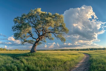 Fototapeta premium Large lonely tree dominating green meadow under cloudy sky