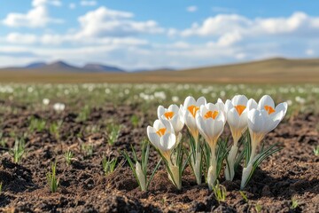 Blooming crocuses in spring mountain meadow under blue sky