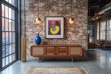 Modern living room with a stylish cabinet and bold artwork, featuring unique decor.