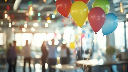 Celebration in Open Office with Colorful Balloons