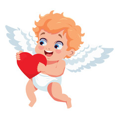 Cute funny little Cupid holding heart. Valentine's day romantic baby amur concept design. Vector charming heavenly cherub angel