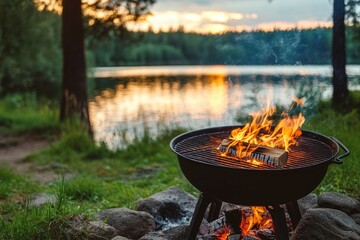 Portable barbecue burning with logs near lake at sunset
