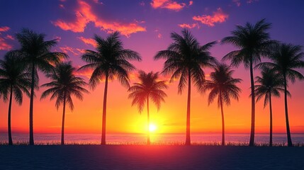 Tropical sunset beach scene; palm trees silhouette.