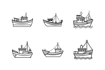 fishing boat icon line art vector illustration, set of boats