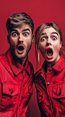 Excited young adults expressing surprise against a vibrant red background.