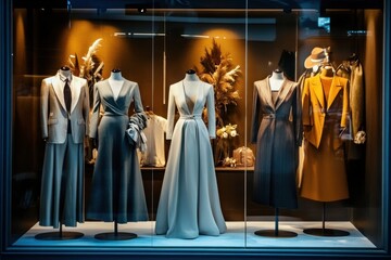 The elegant interior of a designer store featuring fashionable mannequins in trendy outfits.
