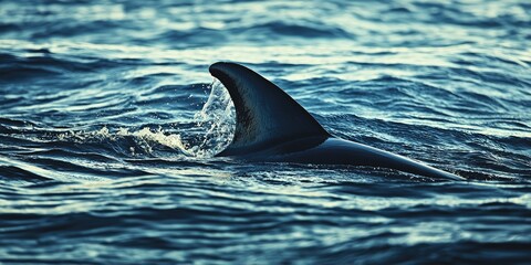 Fototapeta premium The dorsal fin of a dolphin cutting through the water, as it gracefully moves across the sea.
