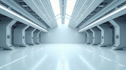 A futuristic, perspective view of an empty space with hidden lighting, a white floor, and a ceiling, creating a modern background design evoking a sense of future technology, suitable for a showroom