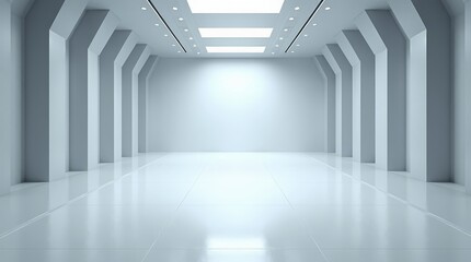 A futuristic, perspective view of an empty space with hidden lighting, a white floor, and a ceiling, creating a modern background design evoking a sense of future technology, suitable for a showroom