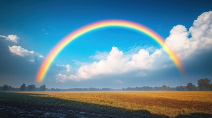 Naklejka premium Vibrant rainbow arcs over hazy field.