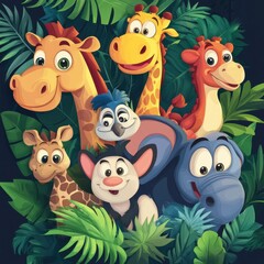 Fototapeta premium Adorable Cartoon Animals Amidst Lush Tropical Foliage